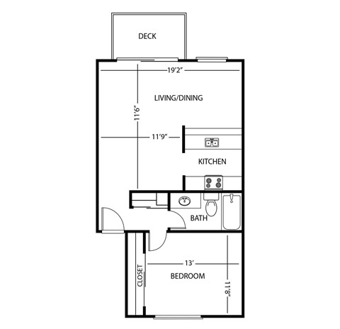 Floor plan for 1 bed, 1 bath, 675 sqft
